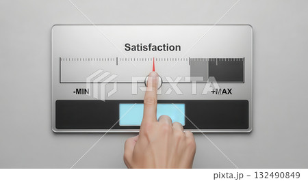 Hand adjusting satisfaction meter on a sleek control panel, showcasing a modern design with clear indicators for minimum and maximum levels of satisfaction Hand adjusting satisfaction meter on a sleek control panel, showcasing a modern design with clear indicators for minimum and maximum levels of satisfaction 132490849