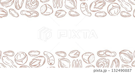 Border frame with nut, almond, cashew, peanut, walnut, hazelnut and pecan in line art style. Design for grocery store wallpaper and card. Border frame with nut, almond, cashew, peanut, walnut, hazelnut and pecan in line art style. Design for grocery store wallpaper and card. 132490887