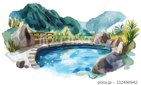 Papallacta Hot Springs. Papallacta Hot Springs hand drawn watercolor illustration 132490942