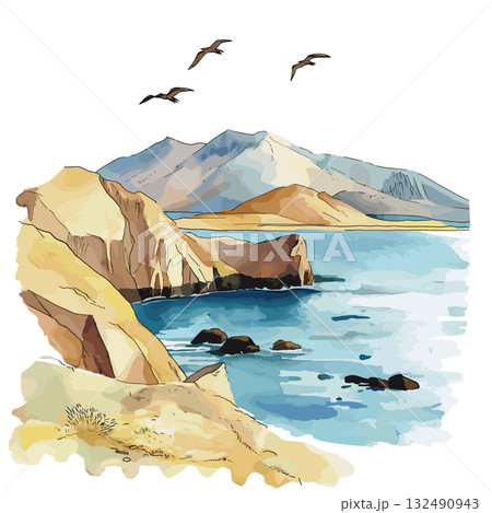Paracas National Reserve. Paracas National Reserve hand drawn watercolor illustration Paracas National Reserve. Paracas National Reserve hand drawn watercolor illustration 132490943