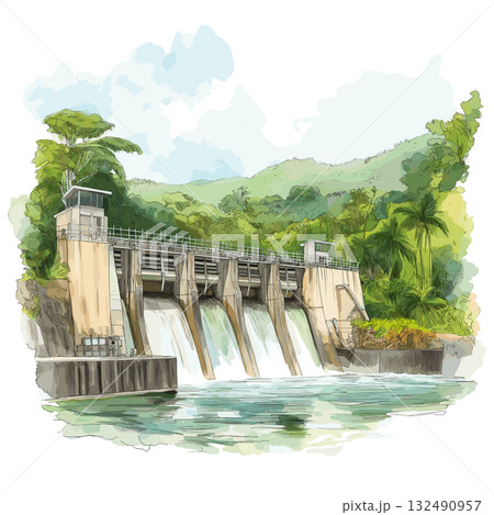 Petit Saut Dam. Petit Saut Dam hand drawn watercolor illustration 132490957