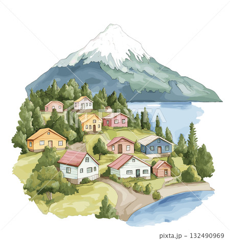 Puerto Varas. Puerto Varas hand drawn watercolor illustration 132490969