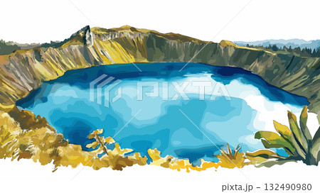 Quilotoa Crater Lake. Quilotoa Crater Lake hand drawn watercolor illustration Quilotoa Crater Lake. Quilotoa Crater Lake hand drawn watercolor illustration 132490980