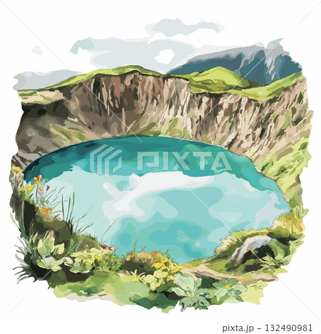 Quilotoa Crater Lake. Quilotoa Crater Lake hand drawn watercolor illustration 132490981