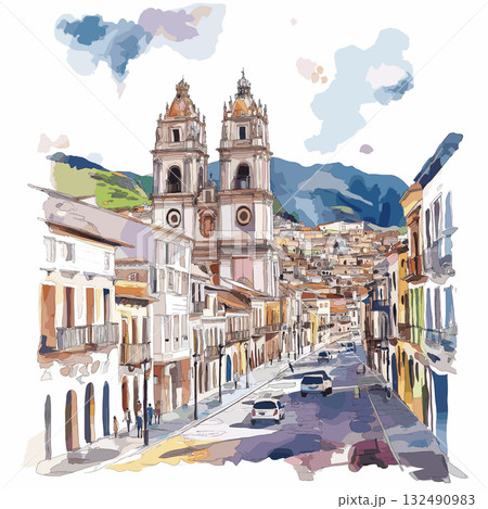 Quito Old Town. Quito Old Town hand drawn watercolor illustration Quito Old Town. Quito Old Town hand drawn watercolor illustration 132490983