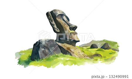 Rano Raraku. Rano Raraku hand drawn watercolor illustration 132490991