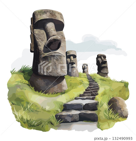 Rano Raraku. Rano Raraku hand drawn watercolor illustration Rano Raraku. Rano Raraku hand drawn watercolor illustration 132490993