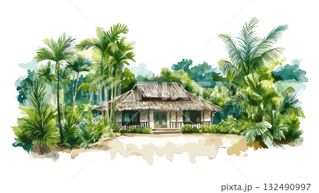 Rewa Eco Lodge. Rewa Eco Lodge hand drawn watercolor illustration 132490997