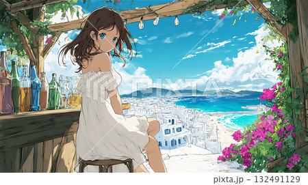 美しい海を背景にしたカフェでの女性のイラスト 132491129