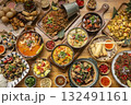 many different thai food dishes on table in modern restaurant in bangkok thailand 132491161