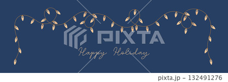 Glowing holiday lightbulb garland string. Golden Christmas, New Year light festoon border for card, banner, poster. Vector festive string. Glowing holiday lightbulb garland string. Golden Christmas, New Year light festoon border for card, banner, poster. Vector festive string. 132491276