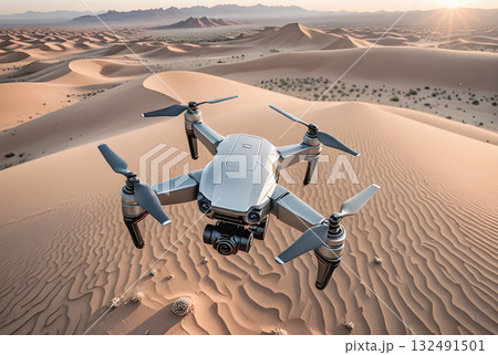 Modern drone with camera hovering in the air against a desert backdrop 132491501