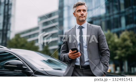 Businessman in gray suit stands confidently beside luxury car, holding smartphone, with modern urban architecture and greenery in the background, showcasing professional lifestyle and success 132491541