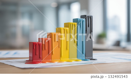 Colorful paint cans in a gradient arrangement, showcasing vibrant hues of red, orange, yellow, green, blue, and black, creating a visually appealing artistic display with copy space 132491543
