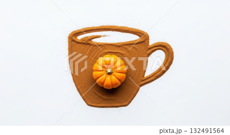 Warm brown cup filled with pumpkin spice, topped with a small orange pumpkin, surrounded by cinnamon powder, embodying the cozy essence of autumn and seasonal flavors 132491564