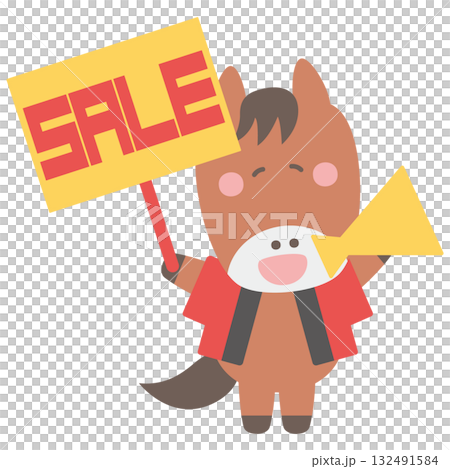 Cute horse character illustration wearing a happi coat holding a megaphone and a sale sign Cute horse character illustration wearing a happi coat holding a megaphone and a sale sign 132491584