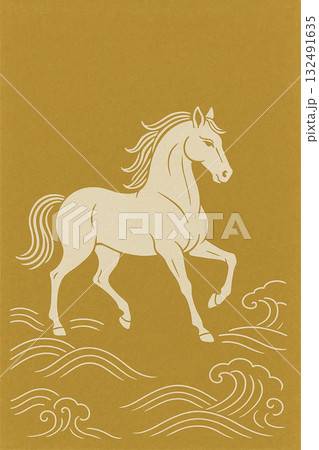 金背景に白馬のモダンラインアート 132491635