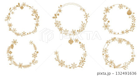 クリスマス装飾フレーム素材セット、ゴールドなクリスマスリースセット クリスマス装飾フレーム素材セット、ゴールドなクリスマスリースセット 132491636