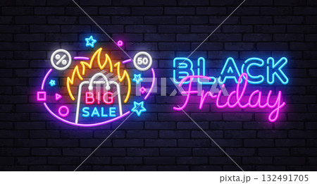 Bright neon sign with burning shopping bag and text Big Sale. Words Black Friday glow on the right. Surrounded by stars and discount icons. Vector illustration 132491705