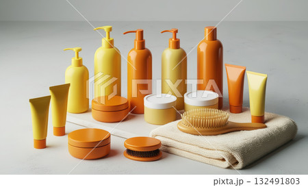 Assortment of cosmetic products in vibrant orange and yellow bottles, jars, and tubes with a towel and brush on a light background. Assortment of cosmetic products in vibrant orange and yellow bottles, jars, and tubes with a towel and brush on a light background. 132491803