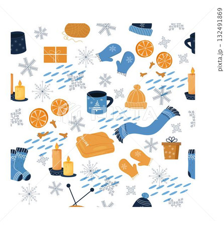 Bright Christmas winter hygge seamless pattern on white background, cozy elements, ornamental objects. Seasonal design, trendy, fashion. Bright Christmas winter hygge seamless pattern on white background, cozy elements, ornamental objects. Seasonal design, trendy, fashion. 132491869
