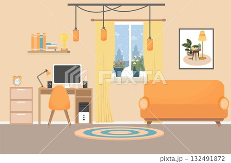 Modern interior in bright colours with workplace, computer, lamp, cozy sofa, chair, bookshelf, books stock vector illustration. Elegant room for your design. 132491872