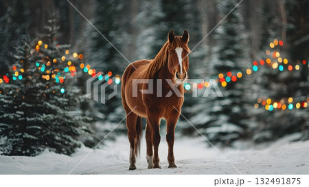 A brown horse stands in a snowy forest. Colorful lights are strung among evergreen trees, symbolizing the Chinese New Year of 2026. 132491875