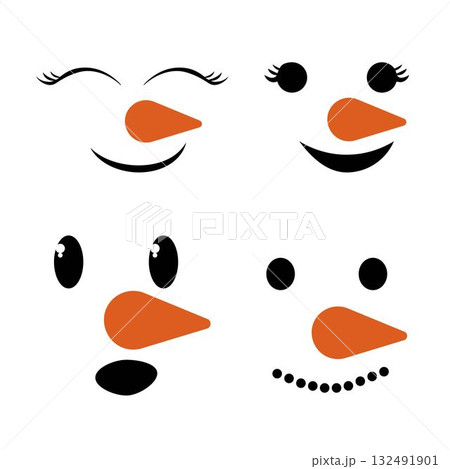 Set cute, funny snowman faces isolated on white background. Holiday decorations. Childish naive character, expression. 132491901