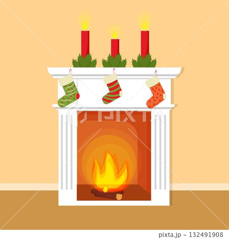 Christmas fireplace, decorative element, with socks for presents, candles. Bright, colorful and editable object stock vector illustration 132491908