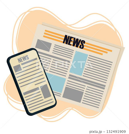 Smart phone with news on display and newspaper composition in flat style, business, content concept stock vector illustration. Smart phone with news on display and newspaper composition in flat style, business, content concept stock vector illustration. 132491909