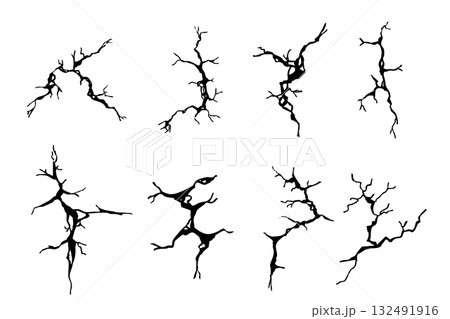 Crack concrete wall texture, floor ground broken effect. Horizontal breaks on land surface. Dry soil. Damaged by earthquake fissure and fracture. 132491916