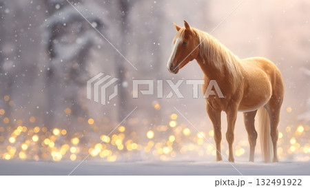 A golden horse stands in a snowy landscape. Soft light creates a magical atmosphere, symbolizing the Chinese New Year of 2026. A golden horse stands in a snowy landscape. Soft light creates a magical atmosphere, symbolizing the Chinese New Year of 2026. 132491922