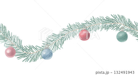 Watercolor seamless pattern New Year Christmas horizontal border with fir branches and Christmas balls. For invitations, cards, posters, seasonal decor, winter holidays poster, New year wrapping paper Watercolor seamless pattern New Year Christmas horizontal border with fir branches and Christmas balls. For invitations, cards, posters, seasonal decor, winter holidays poster, New year wrapping paper 132491943