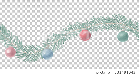 Watercolor seamless pattern New Year Christmas horizontal border with fir branches and Christmas balls. For invitations, cards, posters, seasonal decor, winter holidays poster, New year wrapping paper Watercolor seamless pattern New Year Christmas horizontal border with fir branches and Christmas balls. For invitations, cards, posters, seasonal decor, winter holidays poster, New year wrapping paper 132491943
