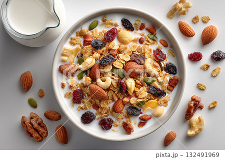 Resort breakfast. Top view of a tray of muesli in nuts on a bowl and milk jug on a white background. Classic breakfast. 132491969