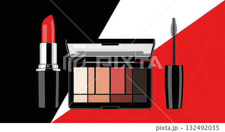 Vibrant makeup products including red lipstick, eyeshadow palette with various shades, and mascara, arranged artistically against a bold geometric background showcasing beauty essentials 132492035