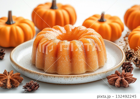 Trending marketing. Pumpkin dessert in orange tones on a plate with soft lighting. Preparing for Halloween. Autumn atmosphere. Trending marketing. Pumpkin dessert in orange tones on a plate with soft lighting. Preparing for Halloween. Autumn atmosphere. 132492245
