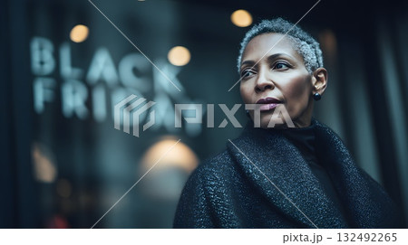 A senior African woman with short gray hair stands outside a shopping mall. The background features a 'Black Friday' sign, emphasizing the shopping theme. 132492265