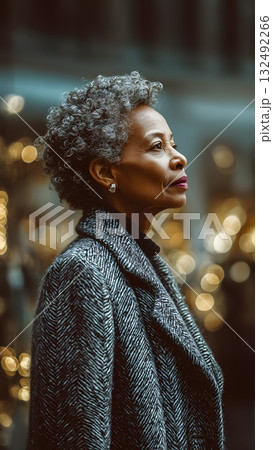 A senior African woman with short curly hair stands in profile, wearing a stylish coat. The background features blurred lights, suggesting a festive shopping atmosphere. 132492266