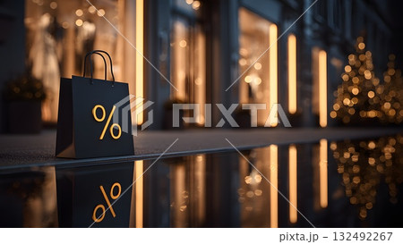 A black shopping bag with a percentage symbol stands on a reflective surface. Winter decorations and warm lights are visible in the background, indicating a sale atmosphere. 132492267