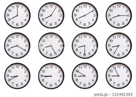 Collection of twelve round wall clocks showing 08:00 to 08:55 or 20:00 to 20:55, isolated on white background. Concept of time management, global time zones, scheduling, and business planning. Collection of twelve round wall clocks showing 08:00 to 08:55 or 20:00 to 20:55, isolated on white background. Concept of time management, global time zones, scheduling, and business planning. 132492393