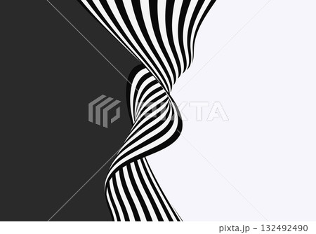 Curved optical illusion design with twisting vertical black and white lines over light and dark contrasting halves, creating a dynamic wave effect. 132492490