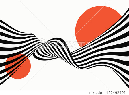 Minimalist black and white wavy lines with red circular accents in a dynamic, abstract design inspired by optical illusions 132492491
