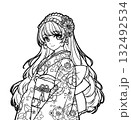 着物を着た女の子のアニメ風の塗り絵イラスト 132492534