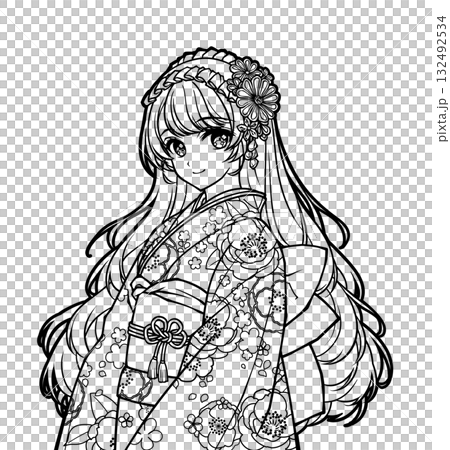 着物を着た女の子のアニメ風の塗り絵イラスト 132492534
