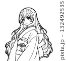 着物を着た女の子のアニメ風の塗り絵イラスト 132492535