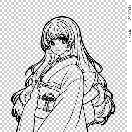 身穿和服的女孩的動漫風格彩色書插圖 身穿和服的女孩的動漫風格彩色書插圖 132492535
