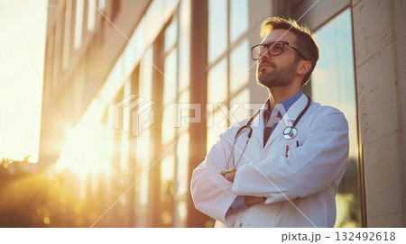 Doctor standing confidently outside a hospital during sunset, reflecting on a day's work and future challenges 132492618