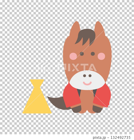 Cute horse character illustration in a happi coat greeting with a megaphone 132492735