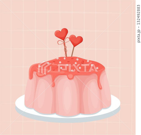 Pink tasty glazed pudding, confectionery dessert, holiday menu on pink abstract background. Poster, banner with heart shape decoration. Pink tasty glazed pudding, confectionery dessert, holiday menu on pink abstract background. Poster, banner with heart shape decoration. 132492883